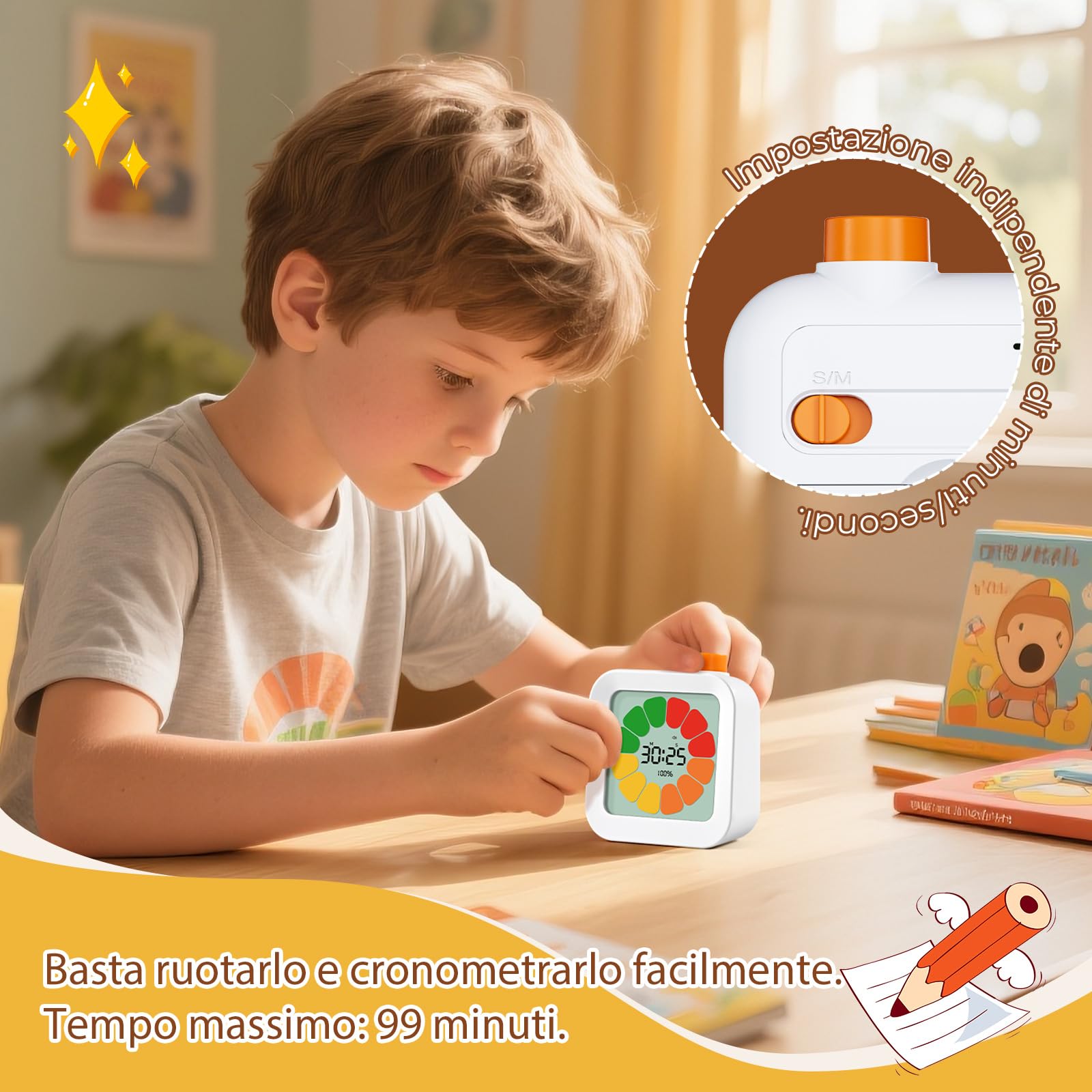 EooCoo Timer Visivo Bambini, Conto alla Rovescia di 99 Minuti, Temporizzatore Digitale con Memoria di Produttività con Allarme Silenzioso, Tasti Min/Sec, Oggetti per la Cucina, Scuola, Ufficio, ADHD