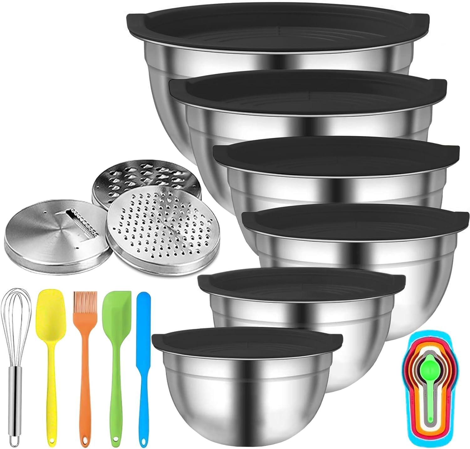 Menbyci 6 Pcs Mixing Bowls with Lids,Stainless Steel Mixing Bowls with 3 Grater Attachments,Kitchen Utensils,Mixing Bowl Set for Kitchen Mixing Baking Prepping Cooking Serving,Black
