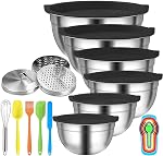 Menbyci 7 Bols de mélange de pièces avec des lids hermétiques, bols en acier inoxydable avec 14PCS Pièces jointes 3 Graters, Ustensiles de cuisine, Ensemble de bols en métal Idéal pour cuisiner Service de préparation au four