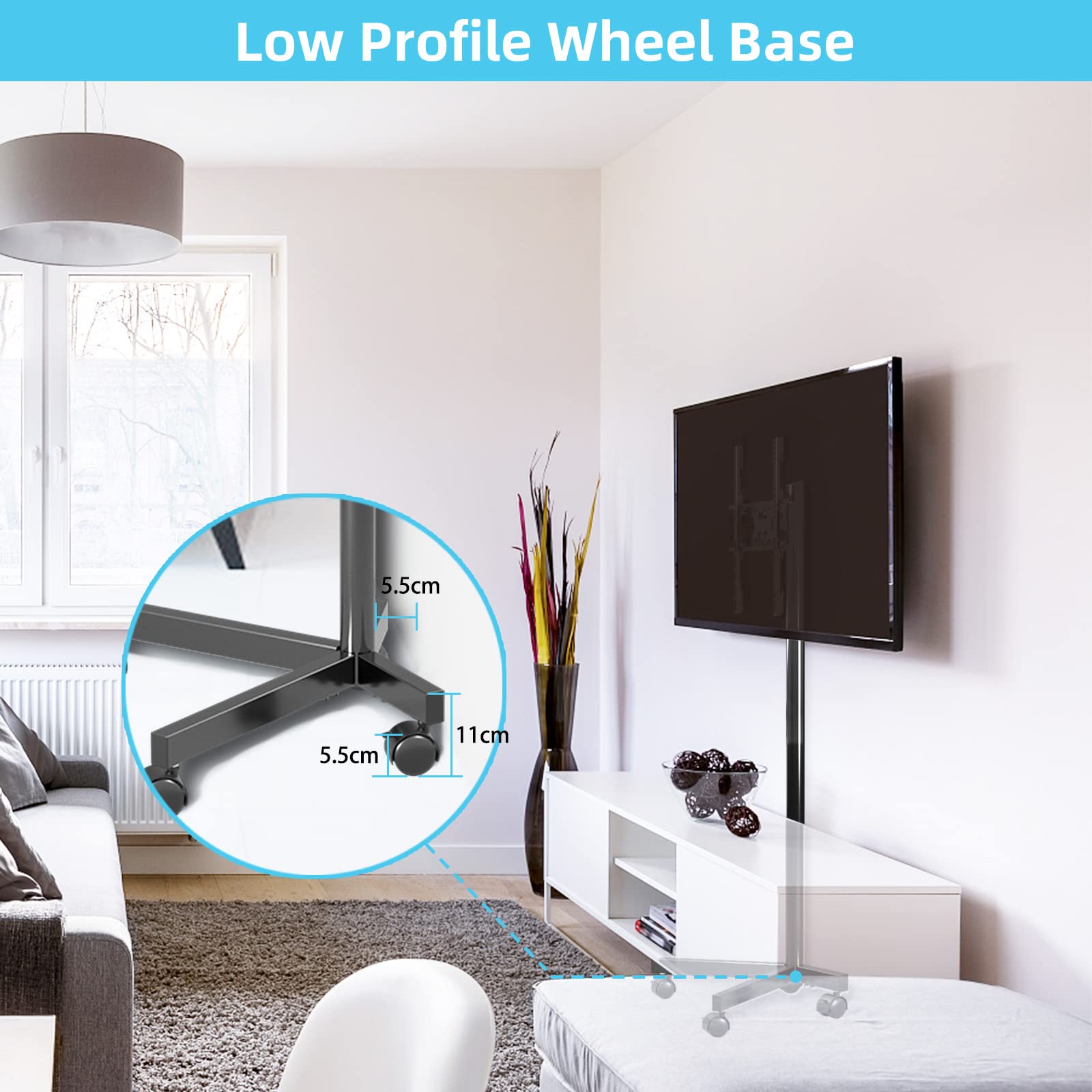 XINLEI Supporto TV mobile su ruote, carrello TV portatile con ripiano per TV a schermo piatto curvo da 21-60" fino a 35 kg, supporto TV alto regolabile in altezza su rotelle, VESA Max 400x400 mm ML55A