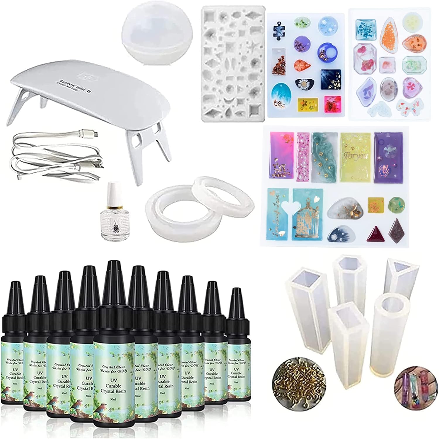 Frenshion 10 Pieces 30ML Crystal Epoxy Resin +12Molds with 100 Rings + UV Led Lamp+15ML Shine Oil for DIY Handcraft Jewelry Earrings Necklace Bracelet Making Crafting