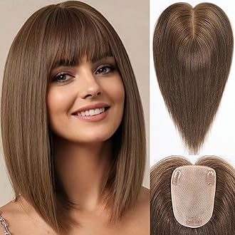 starluck Human Hair Toppers for Women Real Human Hair With Bangs 4 * 5.5 inch Base 12 inch SilkHug Hair Topper for Women Cover Grey Roots(Medium Brown)