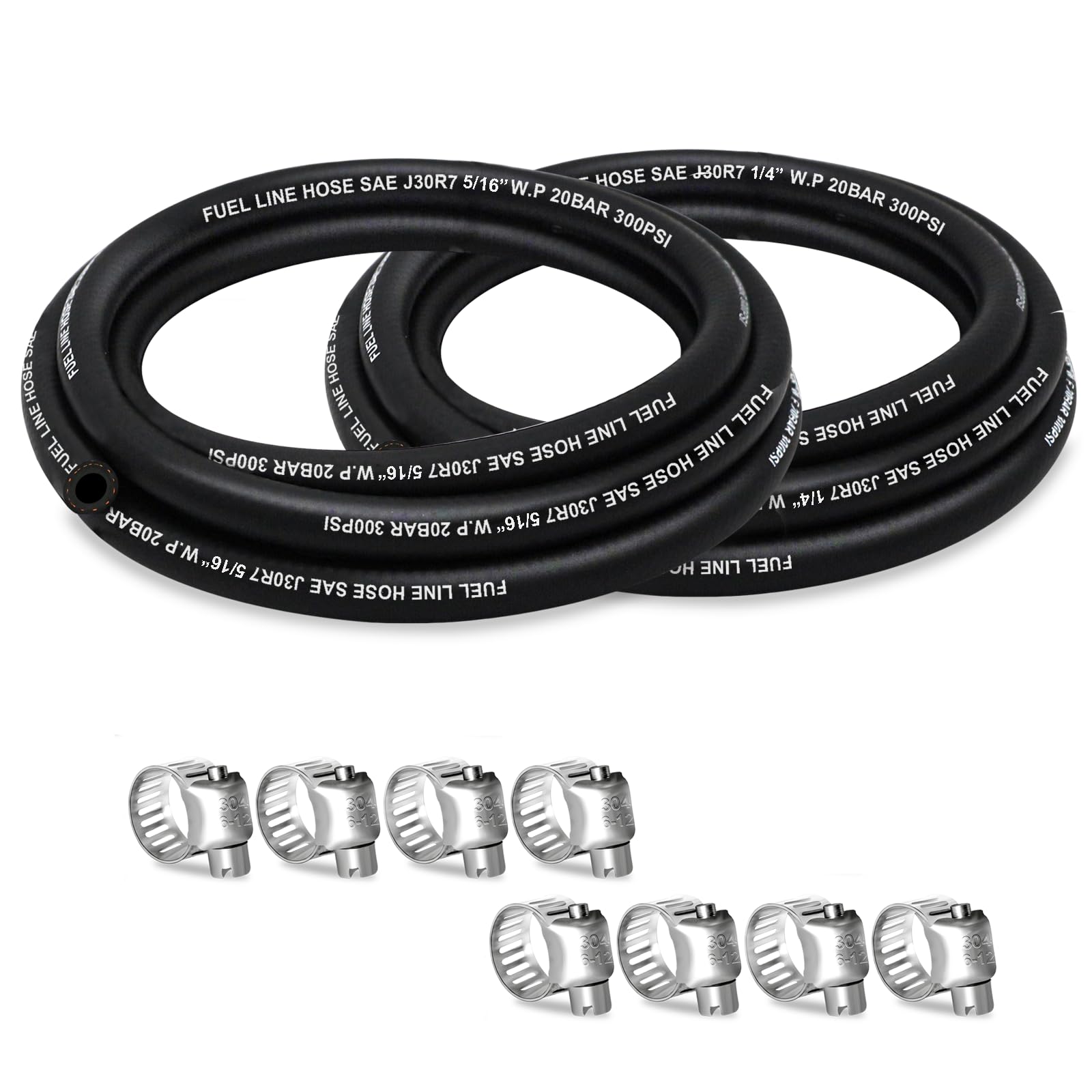 Fuel Line 1/4 5/16 Inch ID, Fuel Hose 5FT 300PSI High-Pressure with 8 Clamps., J30R7 Fuel Line Hose NBR.
