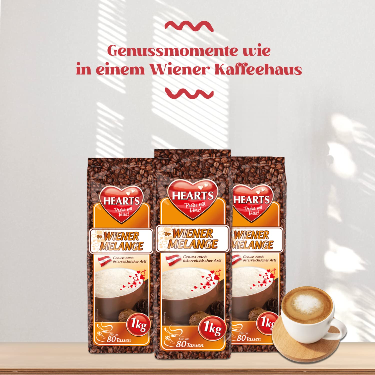 HEARTS Cappuccino Wiener Melange 10 x 1 kg - Genuss nach österreichischer Tradition, ca. 80 Portionen pro Beutel, Familienpackung, intensives Aroma, feinste Kaffeespezialität