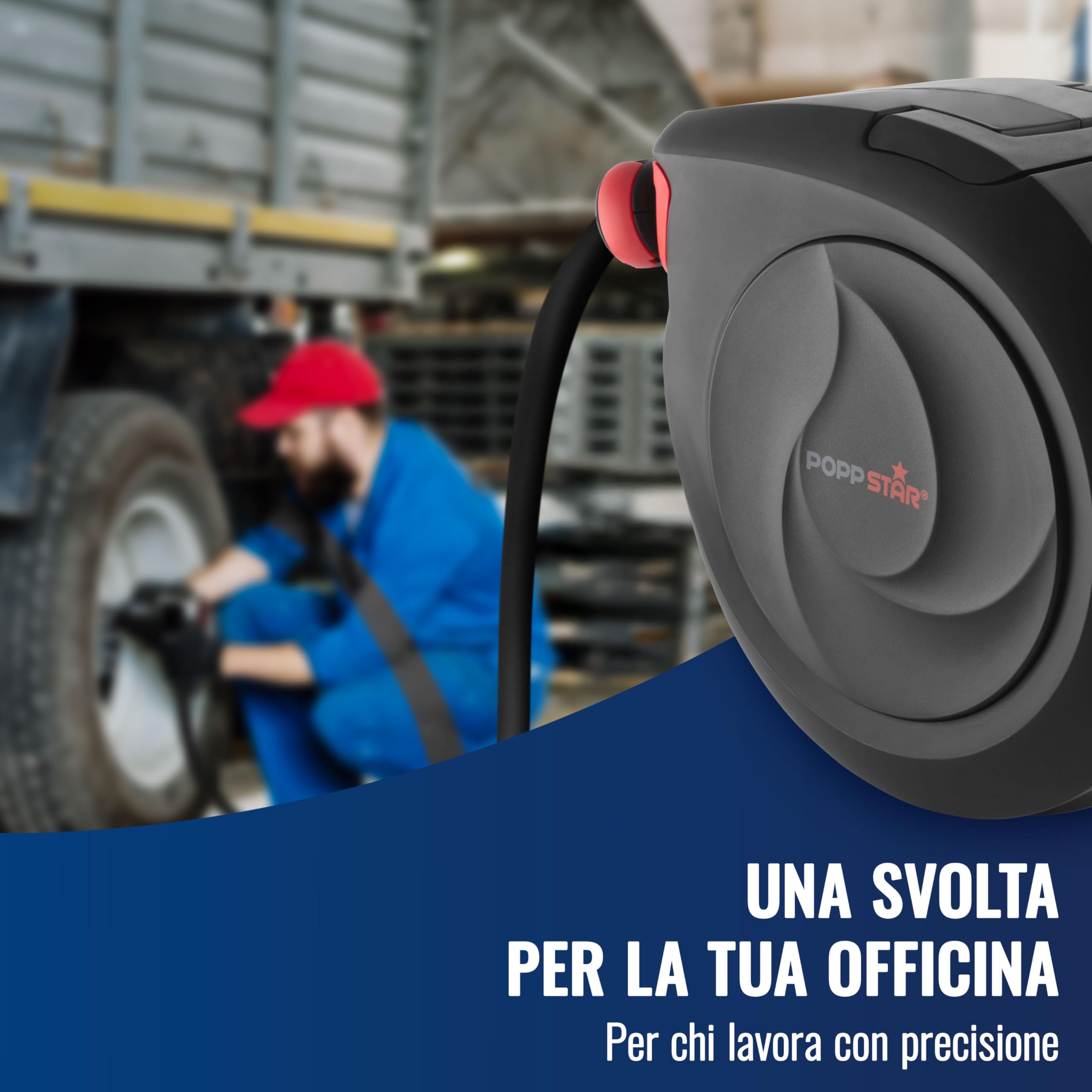 Poppstar Avvolgitubo per tubi ad aria compressa professionale (15m + 1m, diametro del tubo 3/8" (9,5 x 15 mm)), connessione 1/4" BSPT giunto rapido, con riavvolgitore automatico e auto-stop