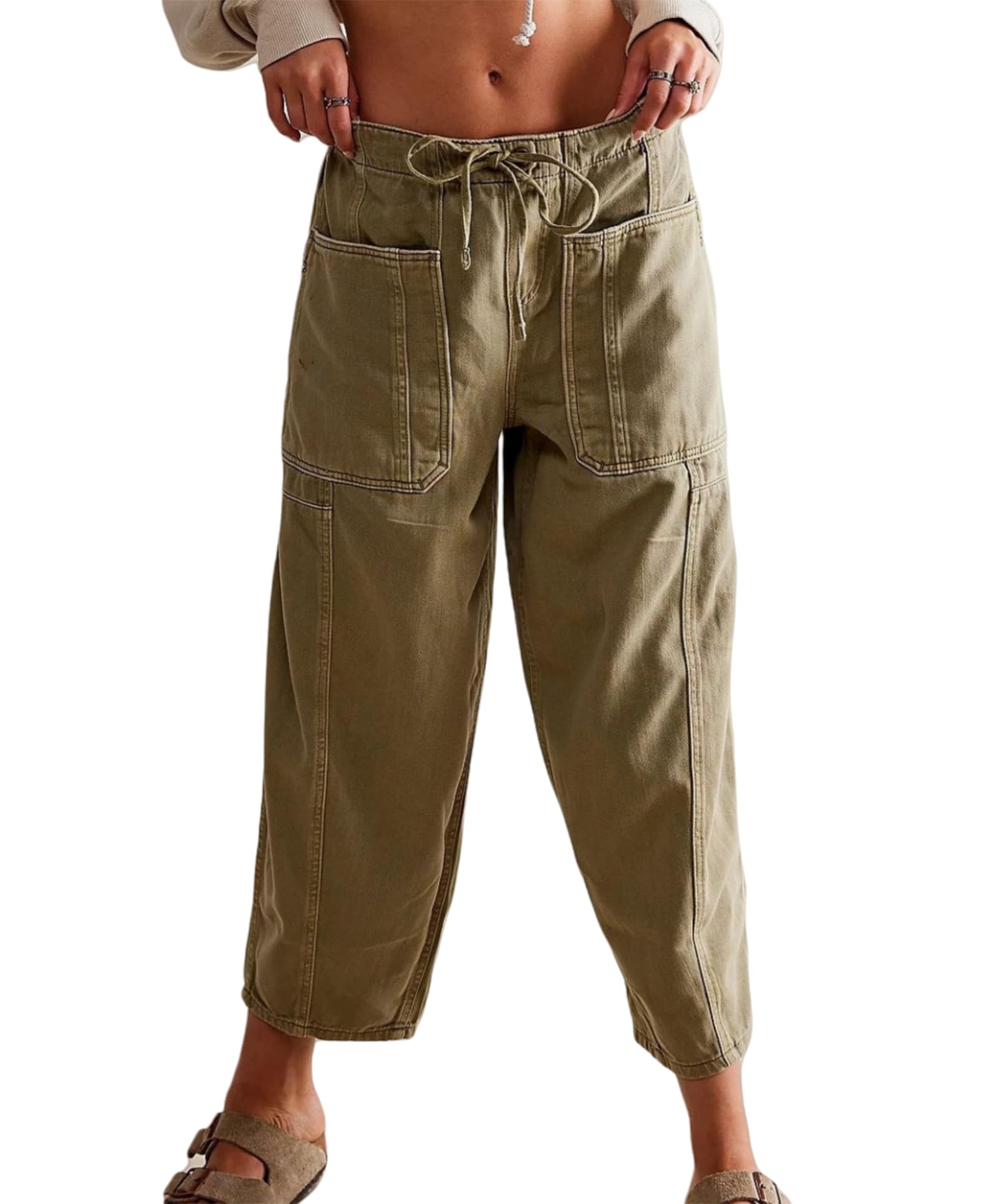 Damskie stylowe dżinsy ze stretchem ze sznurkiem z wysokim stanem i praktycznymi kieszeniami, ZIELONY, 3XL