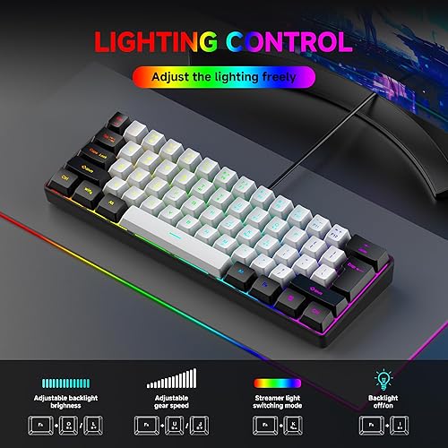 Miniatura 6 de Teclado compacto RGB para juegos de 61 teclas, diseño del 60%, compatible con USB-A y tipo C, teclas de membrana ergonómicas, retroiluminación de 8