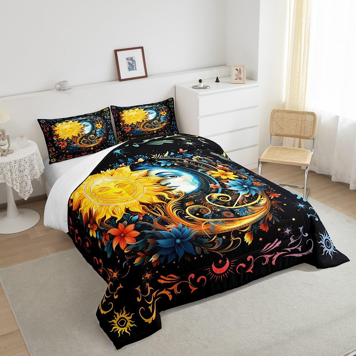 Rustic Farmhouse Style Bedding Comforter Sets Queen,Bohemian Sun Moon Watercolor Flowers Floral Bedding Set for Bedroom decoration,Watercolor Galaxy Wild Plants with 1 Comforter and 2 Pillow Cases