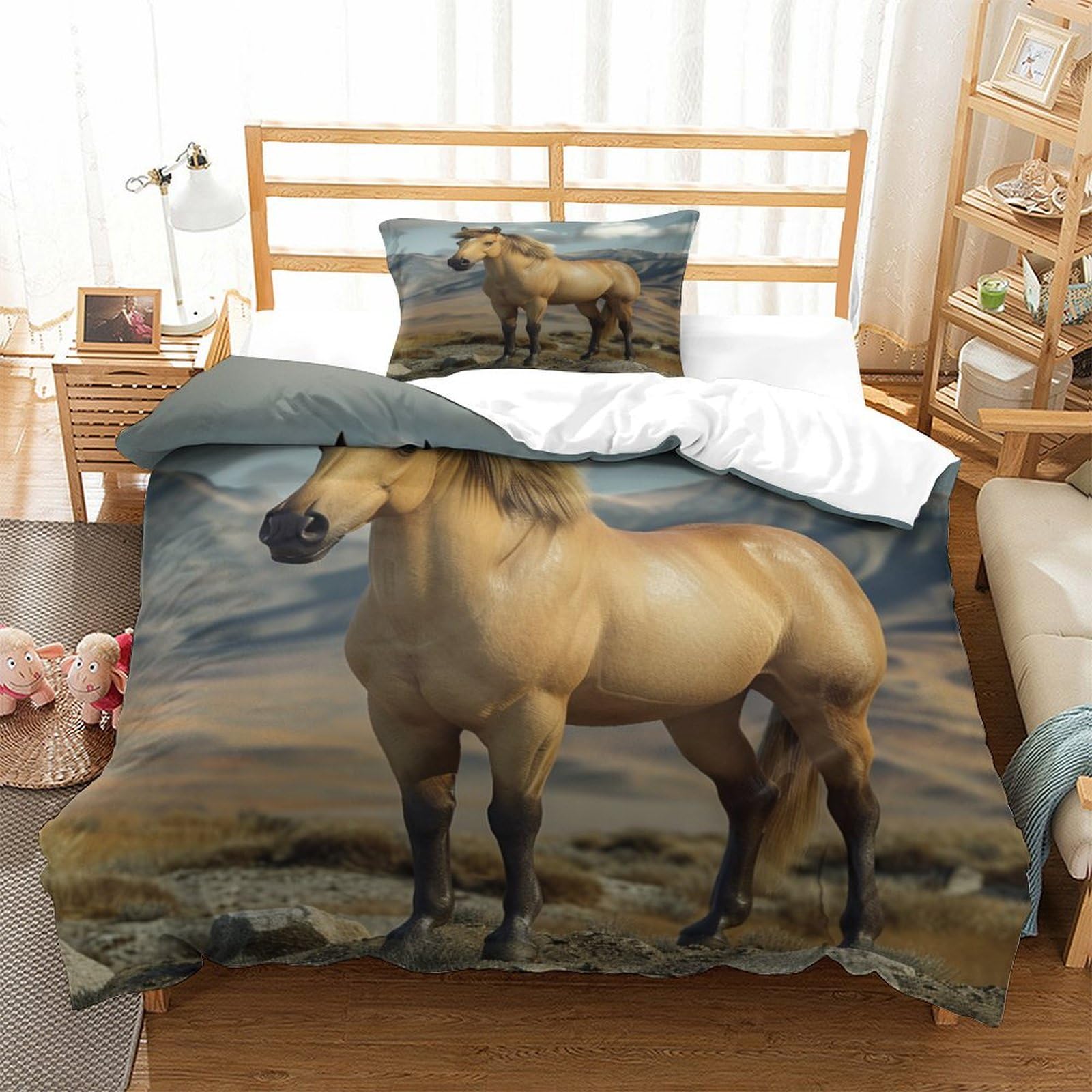 P1S9U7W5Y Realistic Horse 3D Printed Duvet Cover Set 3pcs Microfiber Animal Bedding Set Single（135x200cm）