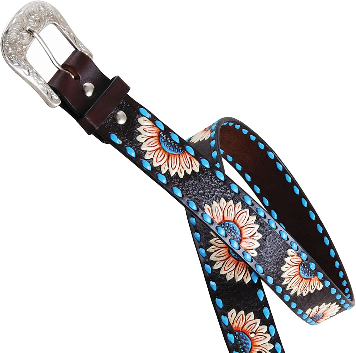 Circle Y Women's Sunflower Buckstitch Belt (2005-BT) | Durable Chocolate Leather Equestrian Accessory with Removable Buckle