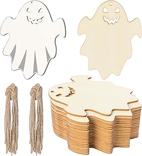 Halloween Blank Wood Ghost Wooden with Twines Art Unfinished Ornaments for Christmas Wedding Birthday Party Halloween Thanksgiving Day Decoration 20Pcs