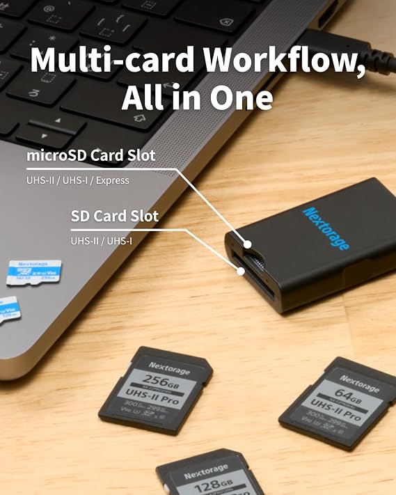 Nextorage Japan SD Dual Slots Card Reader UHS-I & UHS-II Compatible USB 10Gbps USB3.2 Gen2 Write Protection Switch Equipped NX-MMF1CL