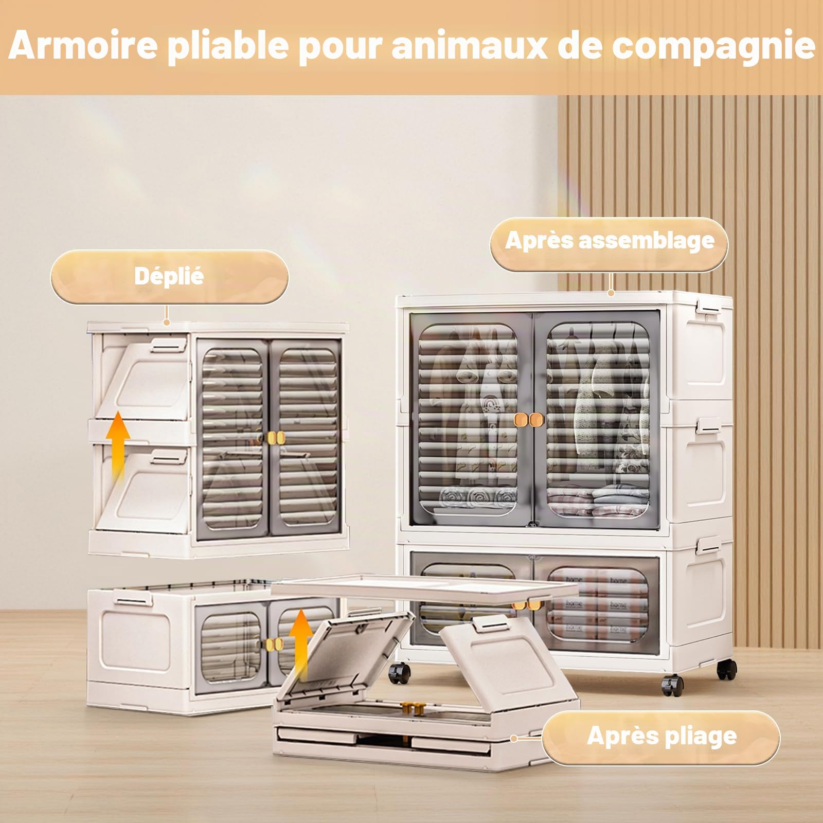 Armoire portable à double portes - Armoire pliante avec roulettes - Boîtes empilables - En plastique - Avec 1 suspension + 1 rangement - 60 x 35 x 79 cm - Blanc