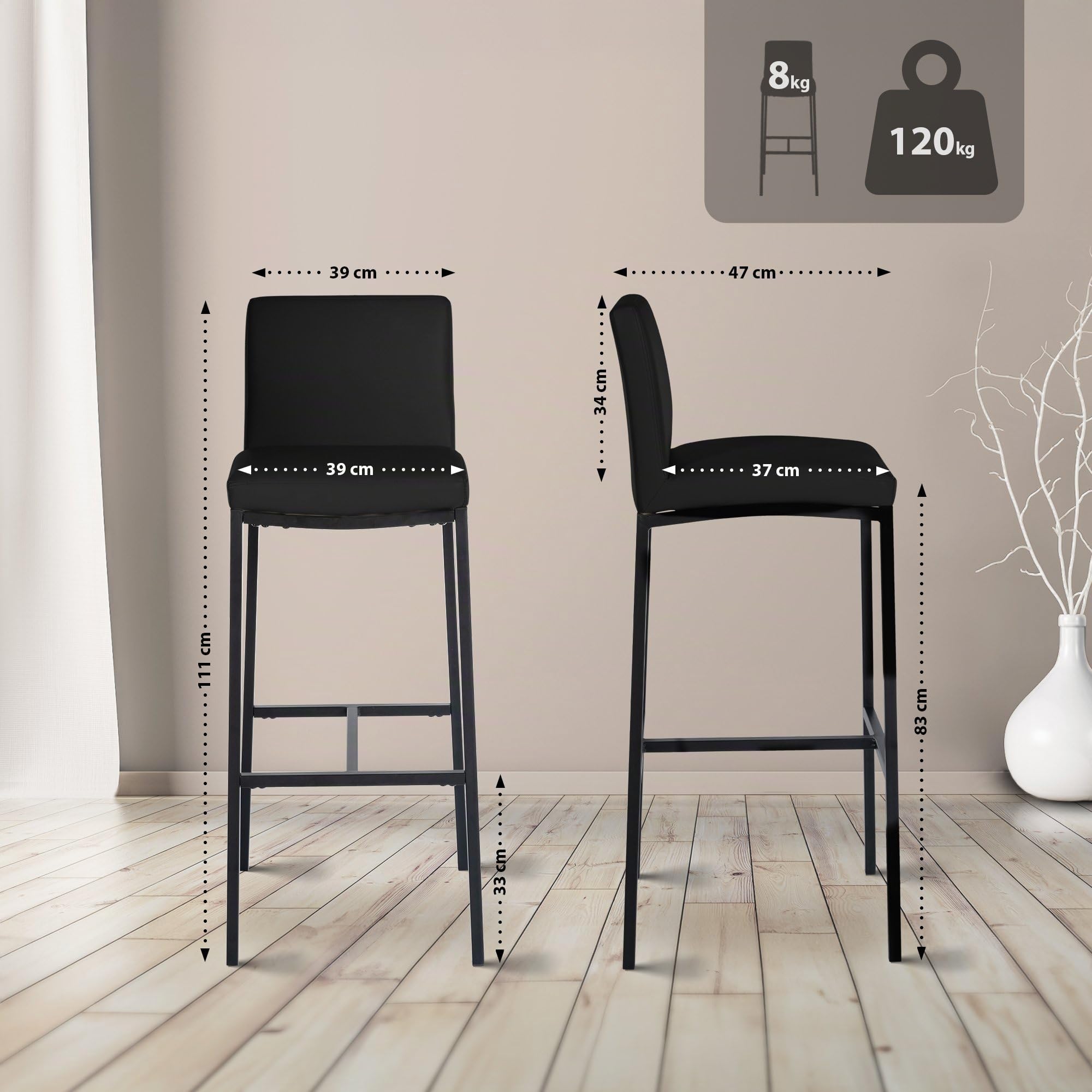 CLP Tabouret de Bar avec Dossier Freeport, Chaise de Bar rembourrée, Chaise de comptoir Moderne avec Cadre métallique Noir Mat et Repose-Pieds | Couleur Noir Matériel Similicuir