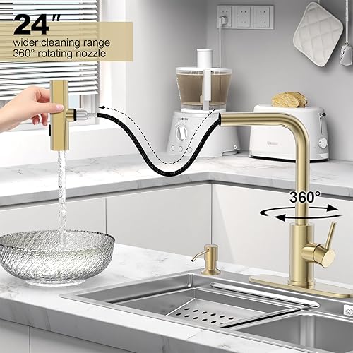 Miniatura 81 de Grifos de cocina de níquel cepillado con rociador desplegable y dispensador de jabón, un solo orificio y mango, grifo extraíble, grifo de fregadero