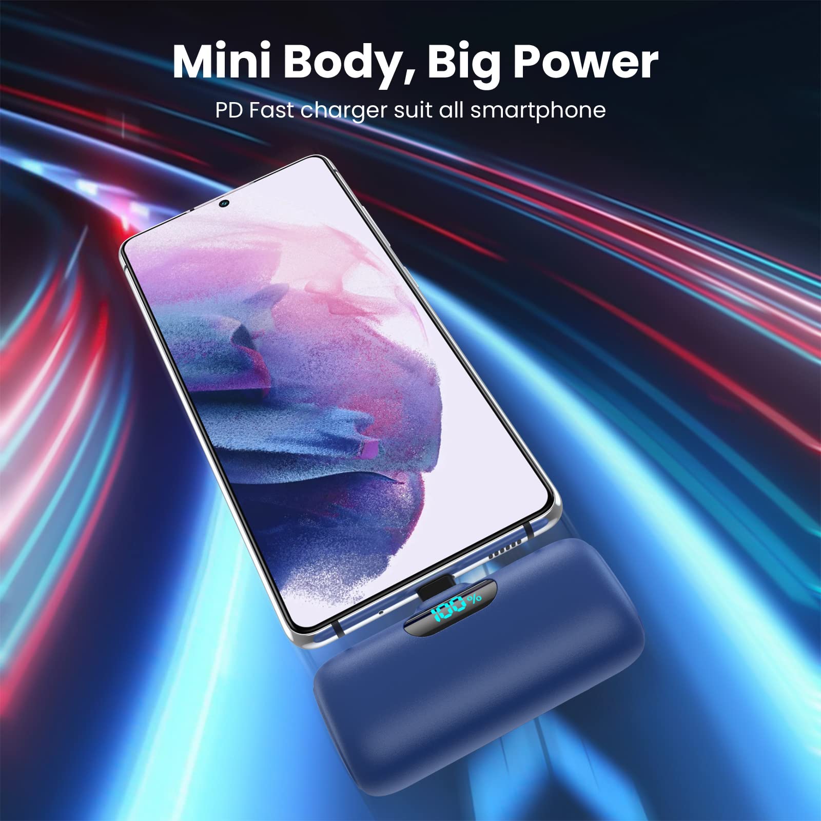 Feob Mini Power Bank USB C 5000mAh, 15W PD 3.0A Carica Rapida Caricabatterie Portatile Compatta e Carino Powerbank Batteria Esterna con LED Display per iPhone 16/15 Pro Samsung, ecc - Blu