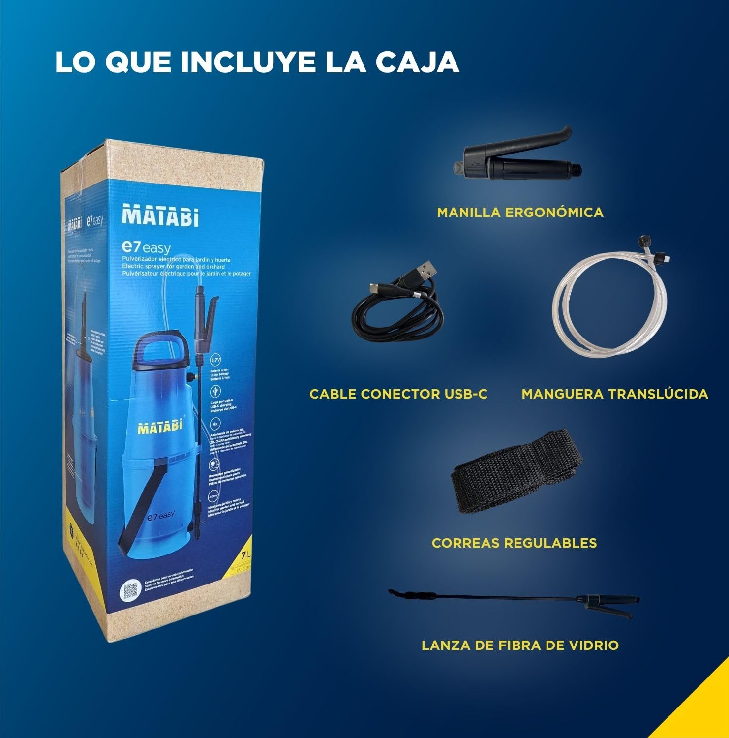 Matabi e7 Easy - Pulverizador Eléctrico para Jardín y Huerto - Batería Li-Ion USB-C - Autonomía 20L - Sistema Seguro - Correas Ajustables - Tanque Translúcido - Fácil de Usar - Hecho en España