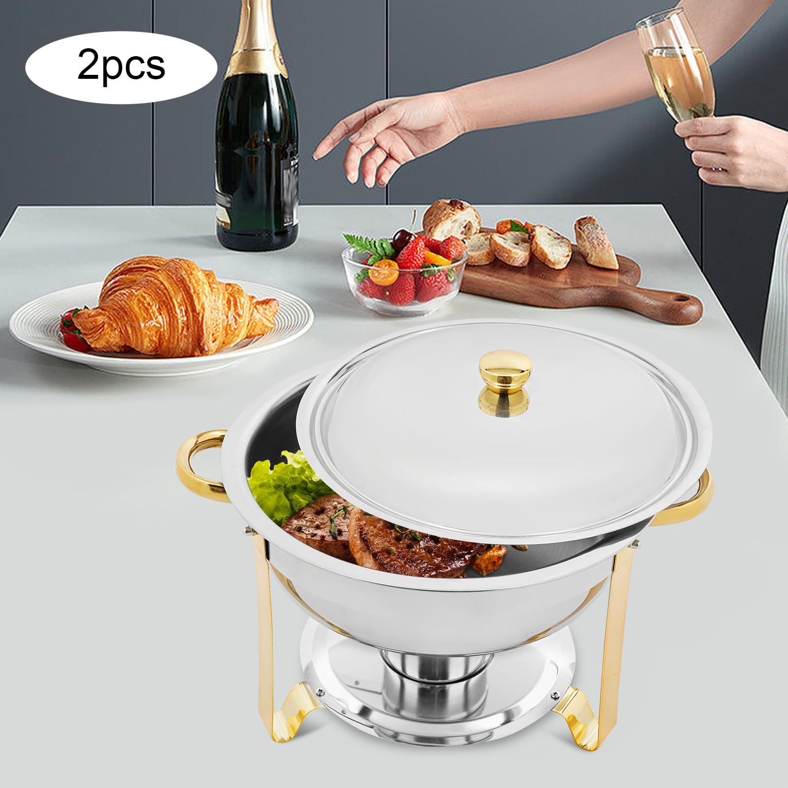 Set di 4 contenitori a buffet per chafing dish, in acciaio inox, 4 x 4,5 l, scaldamani per catering buffet e feste (2 pezzi/oro)
