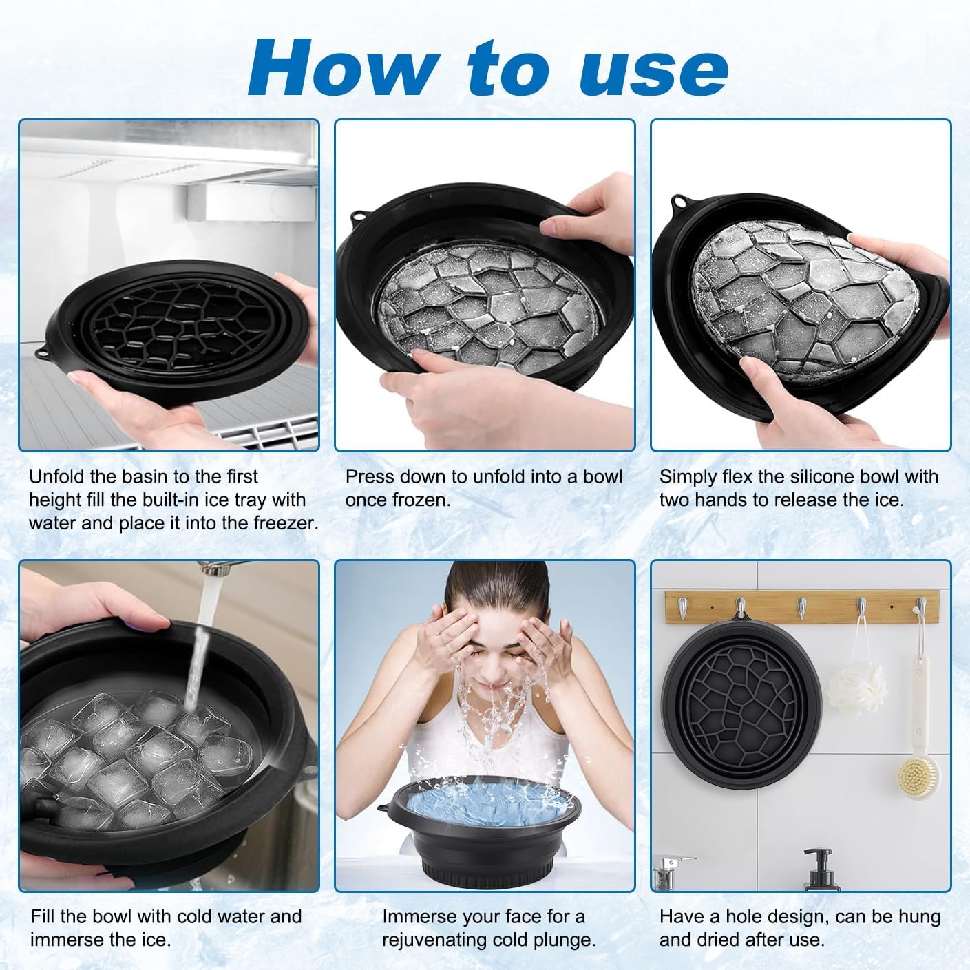 JHBK. Face Bowl for Ice with Built-in Icetray β Collapsible Silicone Facial Ice Bath Bowl for Easy Storage & Carrying,Face Ice Bath Bowl for Cold Plunge Therapy,Facial Plunge Bowl for Home & Travel (Black) 1