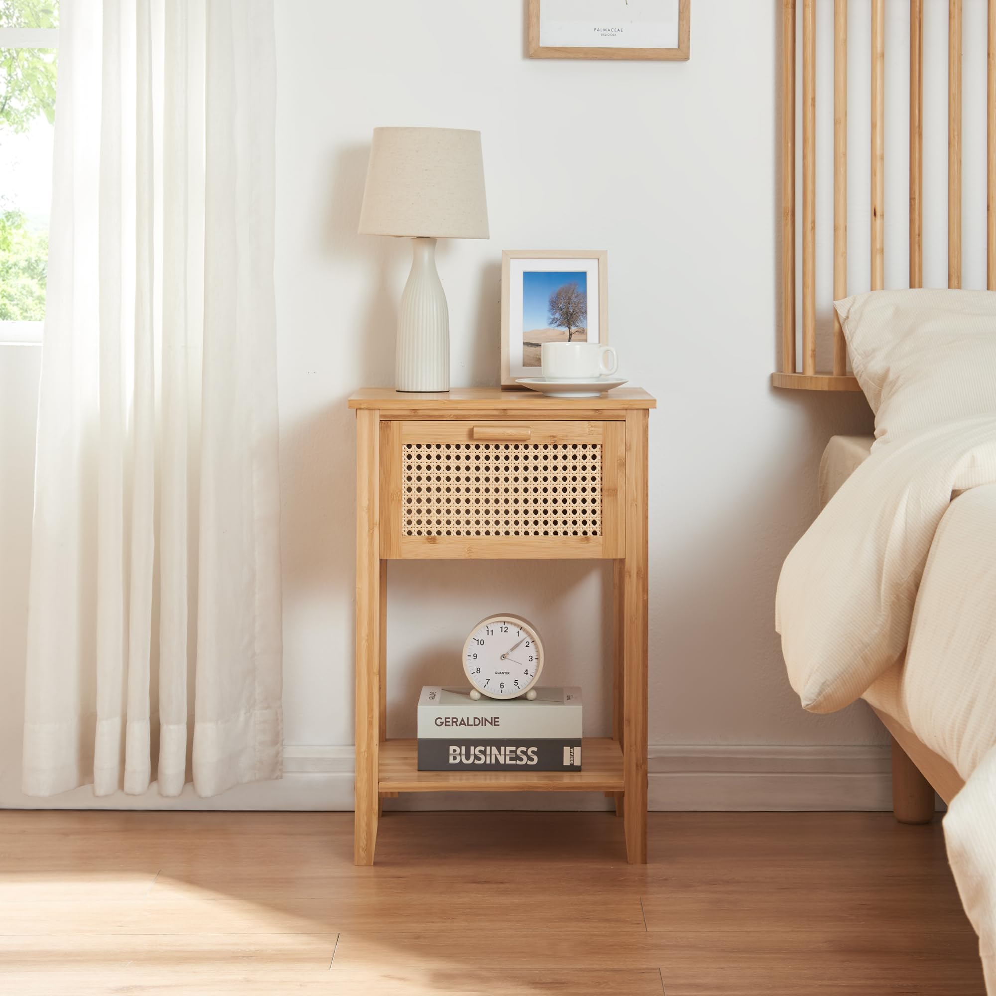 [en.casa] Comodino in Bambù con Cassetto e Ripiano Mobiletto Notturno da Letto Tavolino Laterale da Divano Soggiorno Ingresso 60 x 40 x 35 cm - Colore Naturale/Effetto Rattan