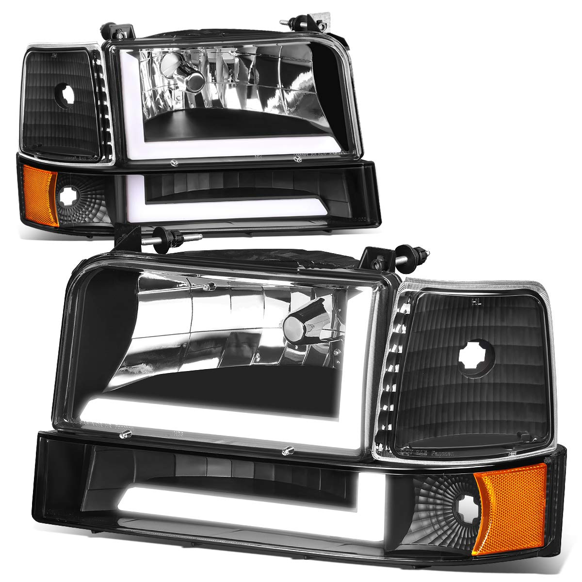 Auto Dynasty 3D LED DRL Headlight & Bumper Lamp Set Compatible with 1992-1996 Ford F-150 F-250 F-350 Bronco, Driver & Passenger Side, Black Amber