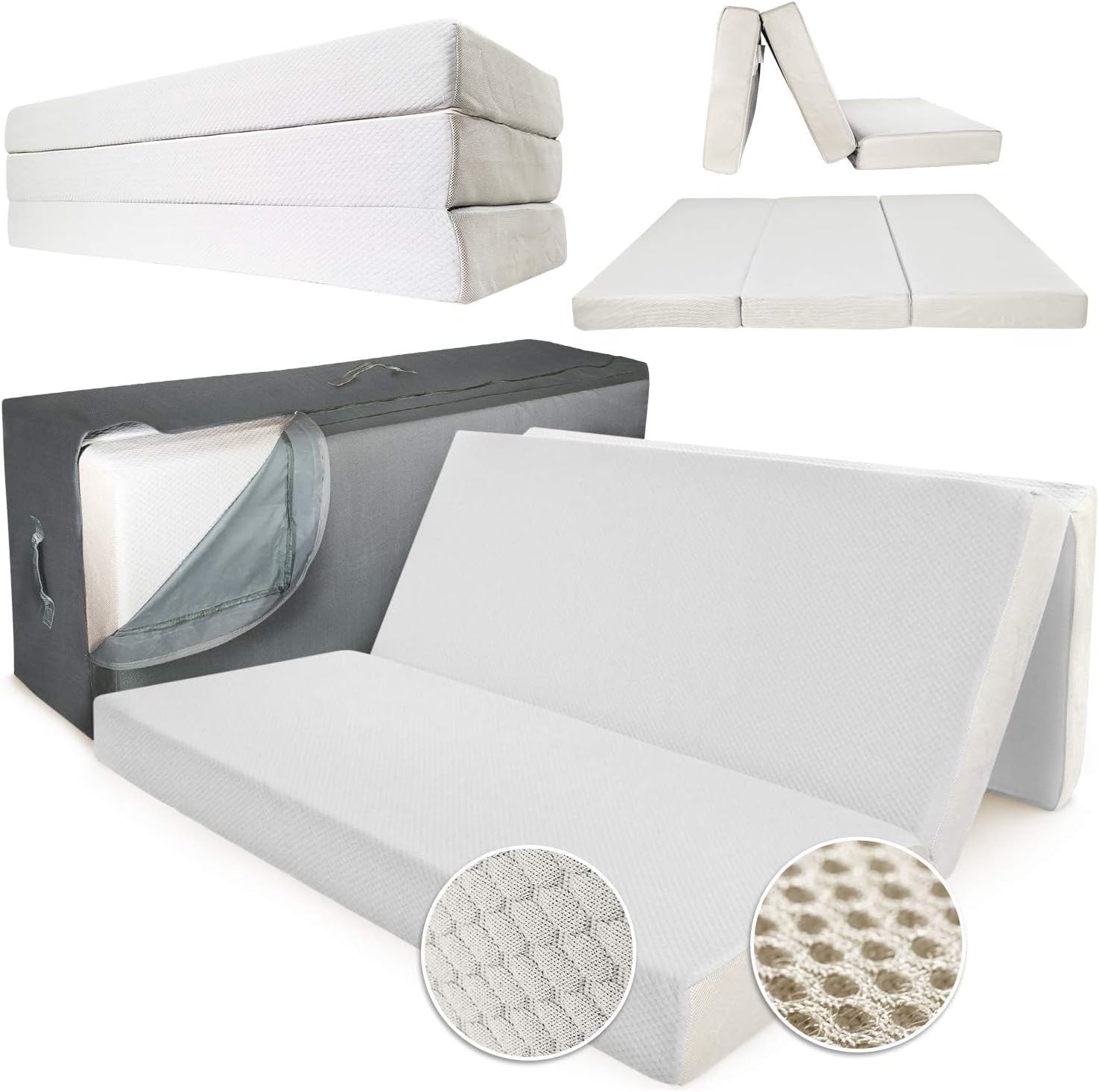 Portable Mattress - Folding Memory Foam Guest Fold Up Bed w/Case | Tri-Fold (6 Inch) Travel Away Floor, Futon & Camp Cot Topper for Fast Trifold Foldable (Fold-Up & Fold-Out) Sleep Comfort (Queen)