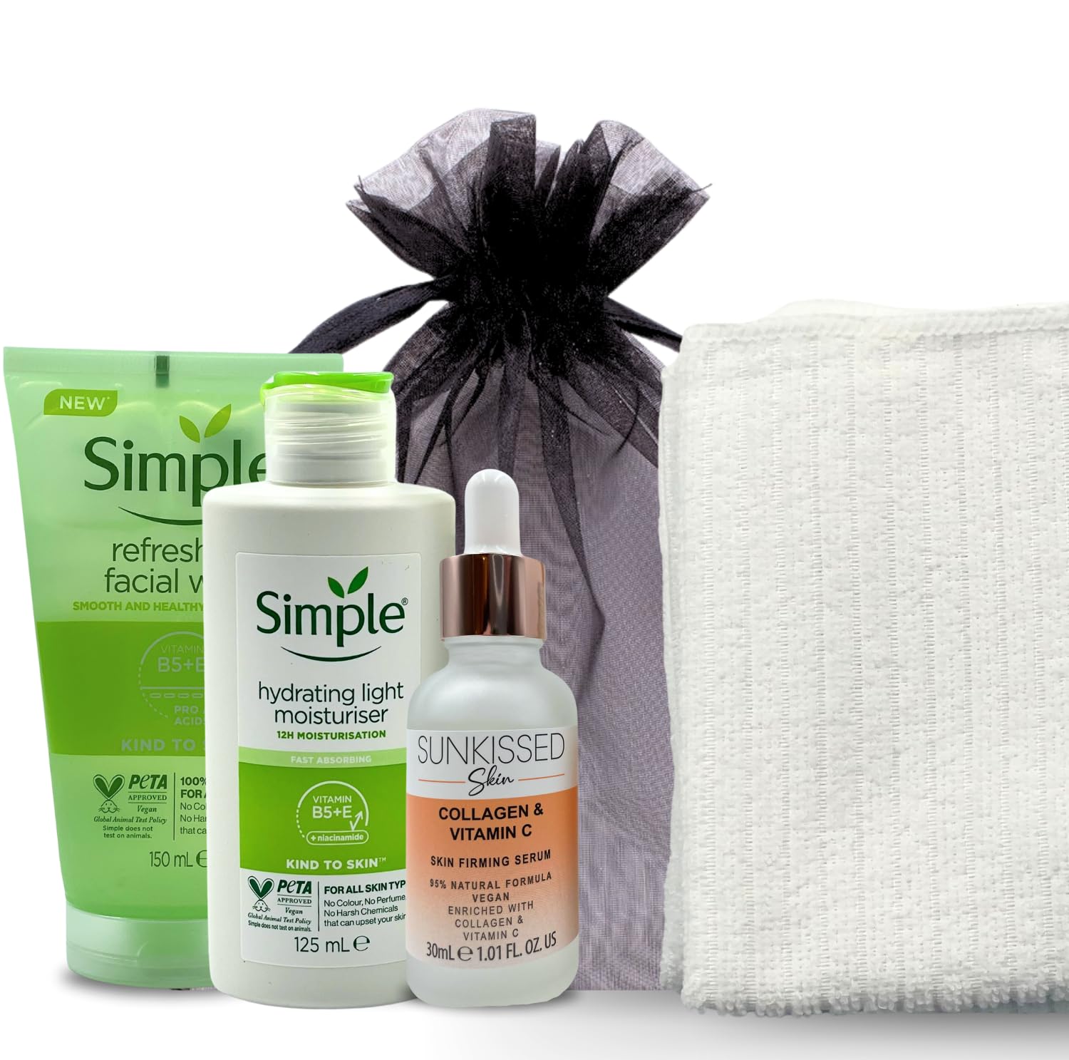 Simple Skincare Set - Face Wash, Hydrating Cleanser, Sunkissed Skin Firming Serum & Moisturiser Bundle (White)