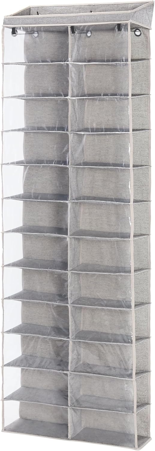 Over-the-Door Shoe Rack Organizer, 22" x 6.1" x 63.5" – 24 Clear Compartments – Holds 12 Pairs – Durable Polyester-Cotton – Metal Hooks – for Closet, Bedroom, Dorm