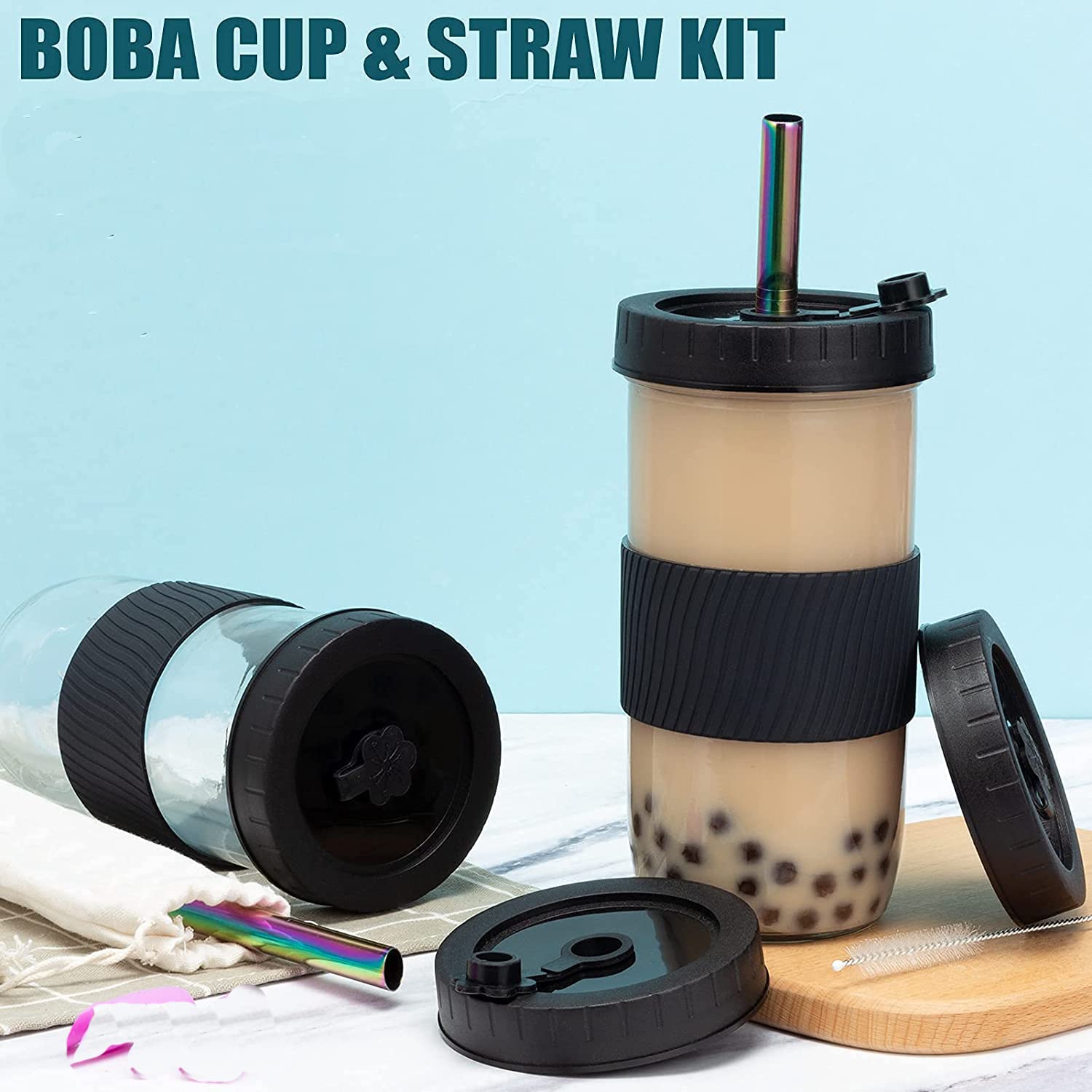 Duffy Boba Tazza Riutilizzabile 730 Ml In Vetro Con Coperchio Ermetico E Custodia In Silicone Rosa - Per Bubble Tea, Frullati, Caffè Freddo - 2