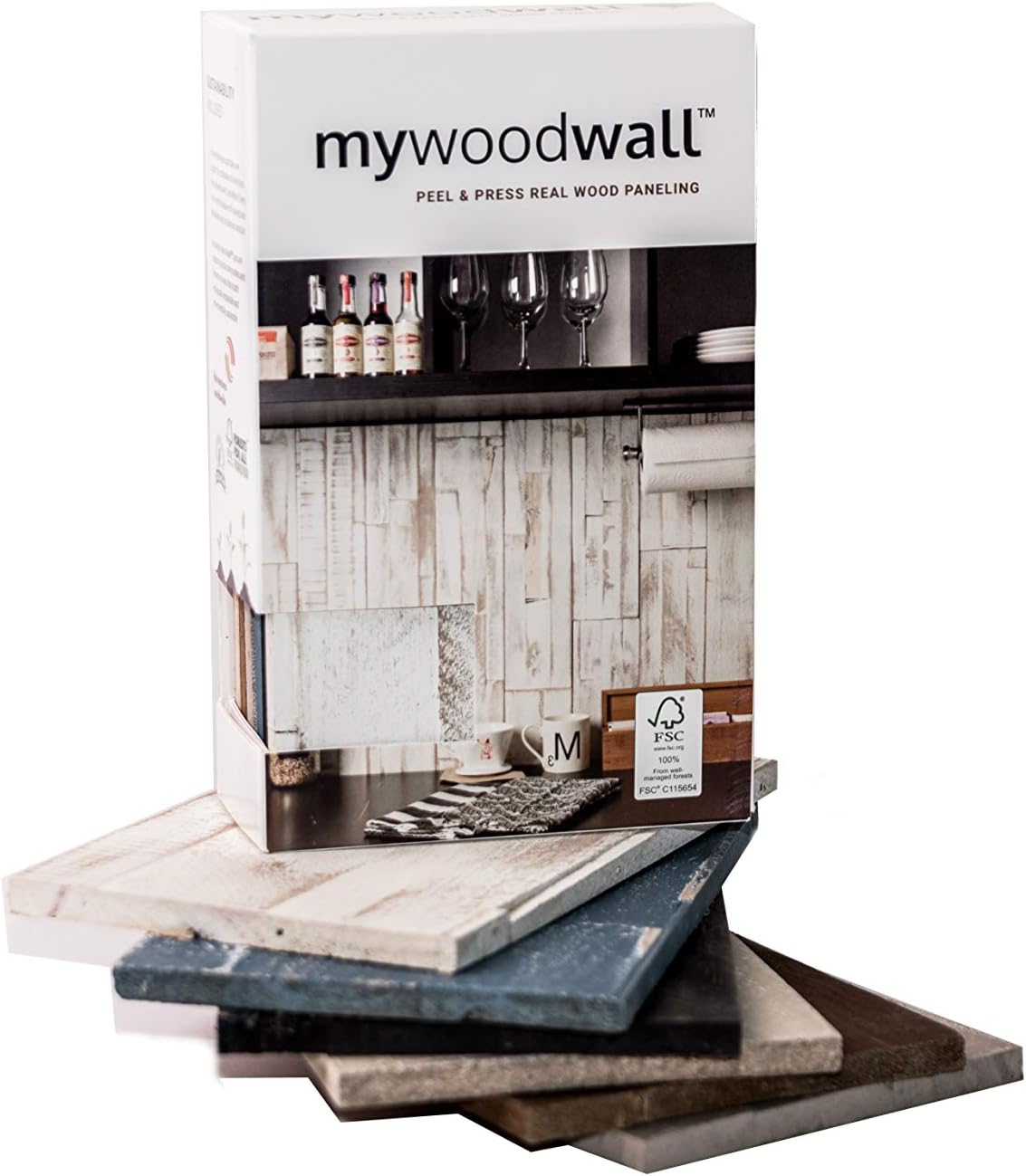 mywoodwall Non-Toxic DIY Wood Wall Paneling Arcadian Collection Sample Box, Timeless Design, 100% FSC Certified Real Wood, Peel/Press Easy Installation, 6 Colors, Each 7 3/4” L x 4 7/8” W x 3/8” H