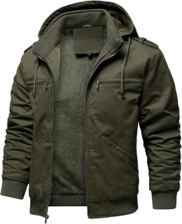 HOOD CREW Mens Winter Jackets With Multi Pockets Cotton Thick Warm Fleece Lined Coat Hooded Work Cargo Jackets for Men