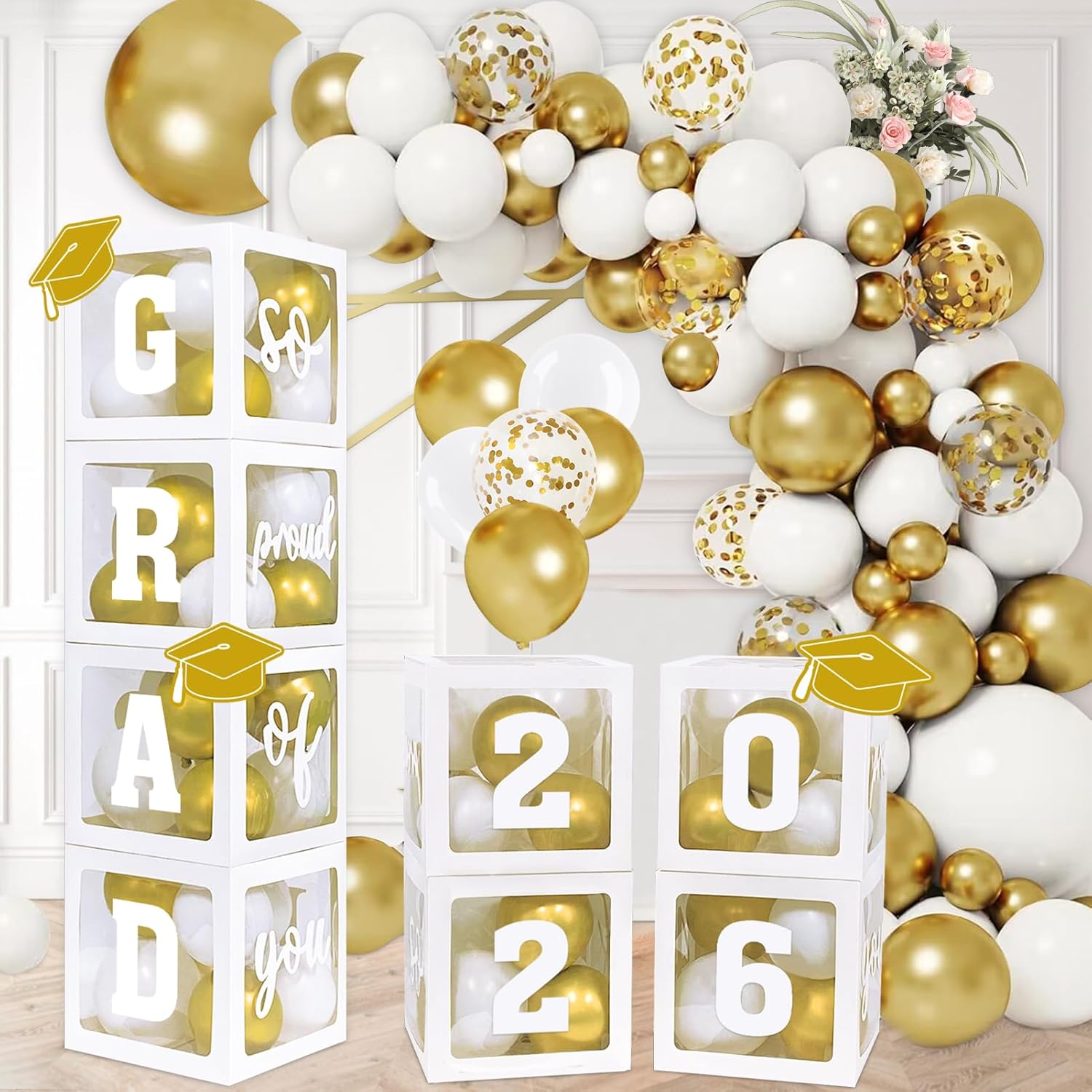 DAZONGE 2026 Graduation Decorations Black and Gold - Set of 4 Grad Boxes with 139pcs Balloon Arch Garland Kit & 4 Light Strings - So Proud of You 2026 Graduation Party Decorations for Any Grades