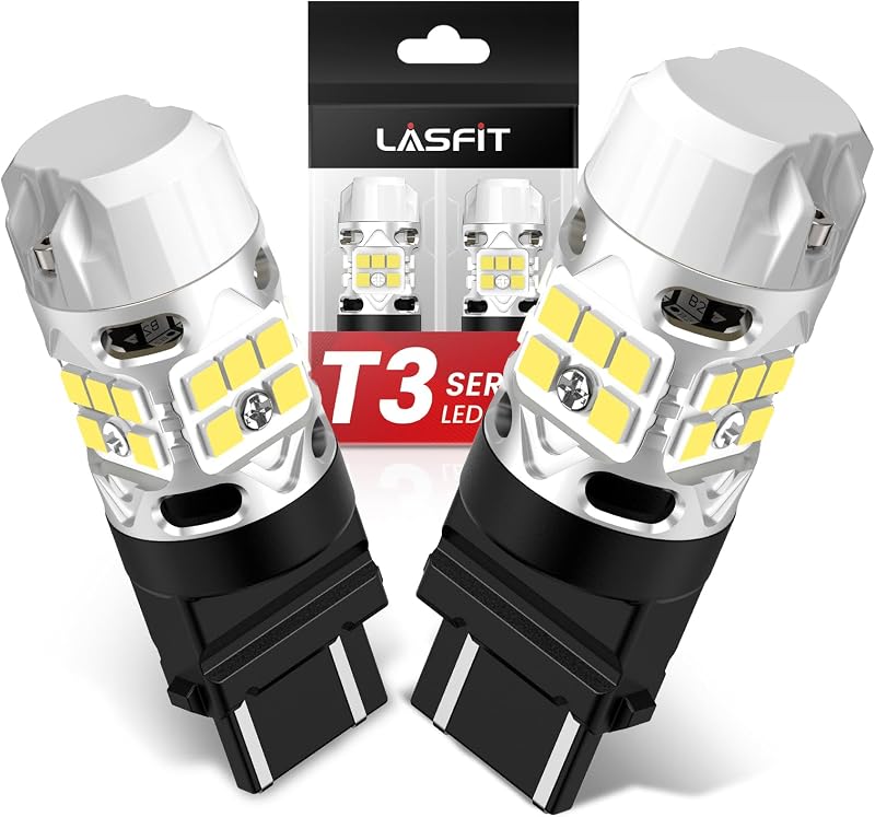 Lâmpada LED de ré LASFIT T3 3157 branca 6000 K com resistor integrado – Par com 2 unidades