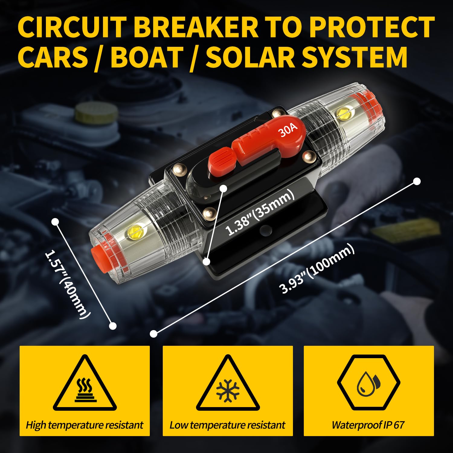 30 Amp Manual Reset Circuit Breaker DC 12-48V Waterproof Inline Fuse Holder, 3-15 AWG Overload Protection for Car Audio Sound Amplifier System RV Marine Boat Truck Solar (Pack of 2) — Amazon image 2