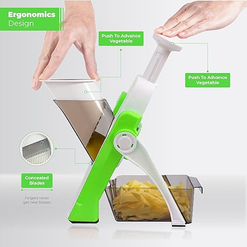 Miniatura 6 de kichhouse Cortadora de mandolina segura, trituradora multifuncional de verduras con ajustador de grosor, más de 30 estilos de corte diferentes