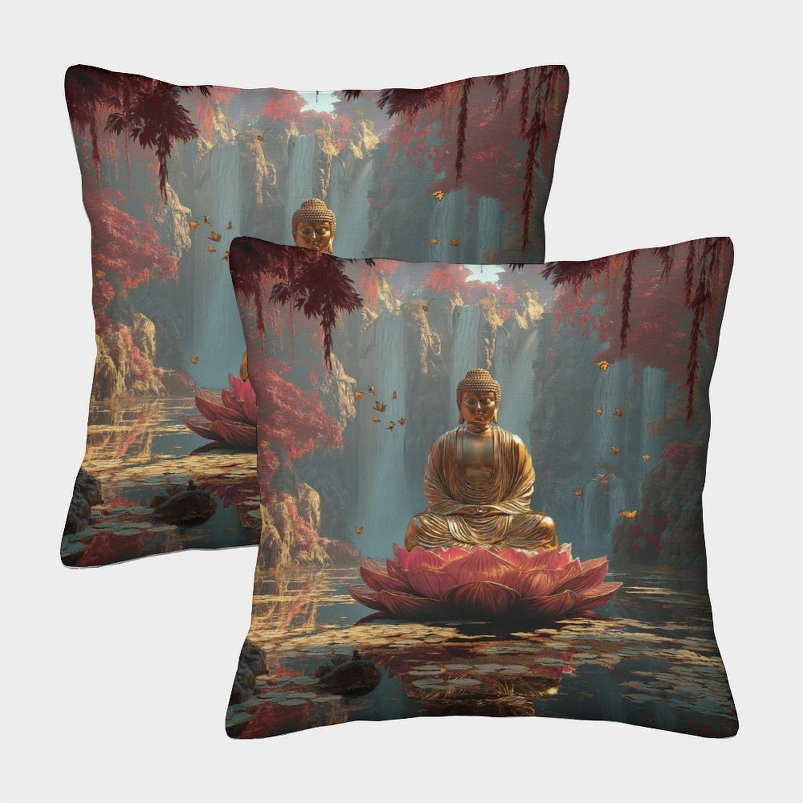 kaiyun 2 Pack Digital Printing 3D The Buddha Statue Sits Serenely Atop A Blooming Pink Lotus Theme Square Cushion Cover 50x50cm Suitable for Outdoor Home Bed Decoration Pattern
