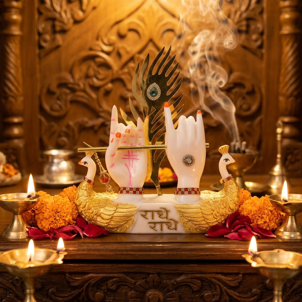 HindCraft Krishna Flute Idol Showpiece for Home Decor – Radha Krishna Hands Statue with Swan Base, Spiritual Decorative Murti for Living Room, Temple, Office, Gift Item-image-2