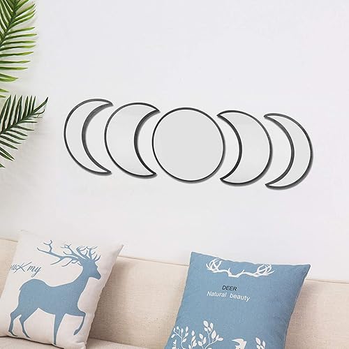Miniatura 8 de Fydun Espejo de pared acrílico con cambio de ciclo lunar para decoración del hogar, dormitorio, decoración negro, amplia gama de usos (cinco piezas,
