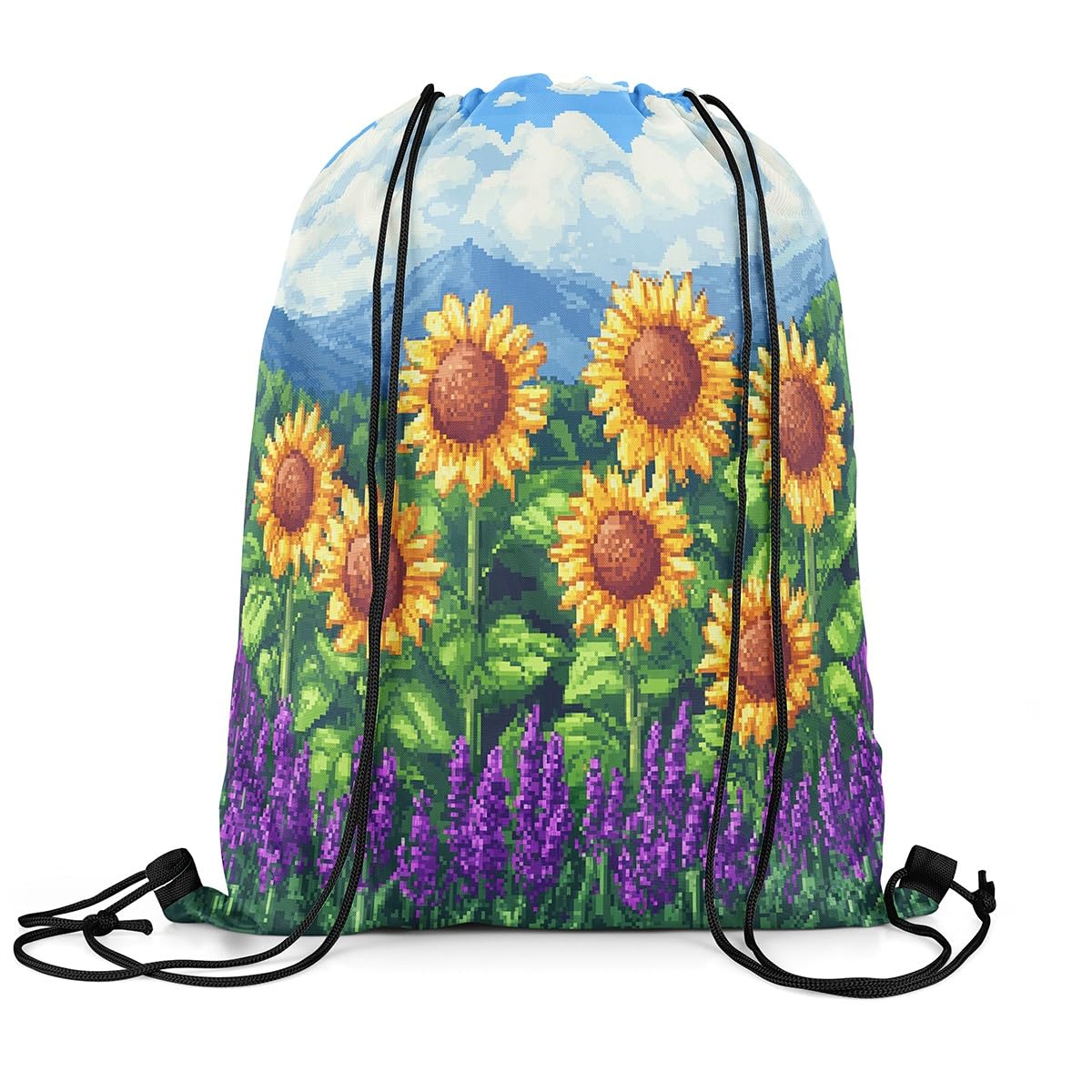 Castle Fairy Sunflower Drawstring Backpack 13"X16" Pixelated Style Sackpack for Gym Sports Video Games Water Resistant String Bag for Women Men