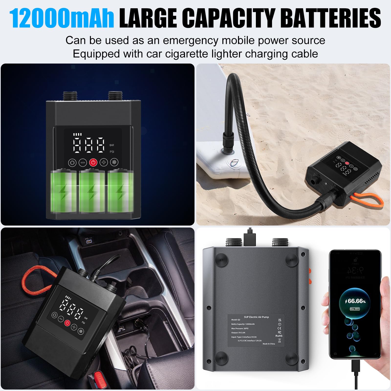 SUP Pompa Gonfiabile Elettrica, 12000 mAh, Ricaricabile, Gonfiabile/Sgonfiaggio con 6 Ugelli e Cavo di Ricarica Accendisigari per Lavagne, Kayak, Materassi