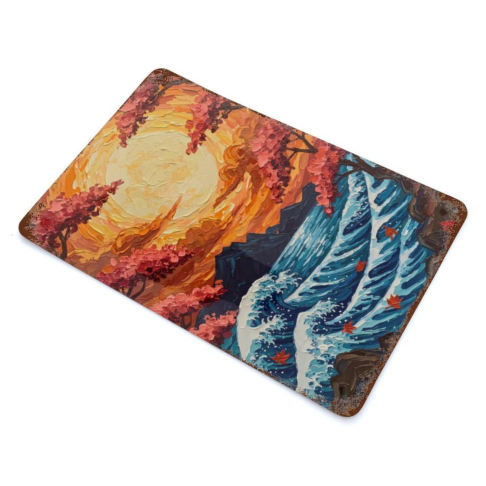 Japanese Wave Sunset Rust Effect Tin Sign 11.8"x7.9", Ideal for Cafe, Home Bar And Lounge Decor