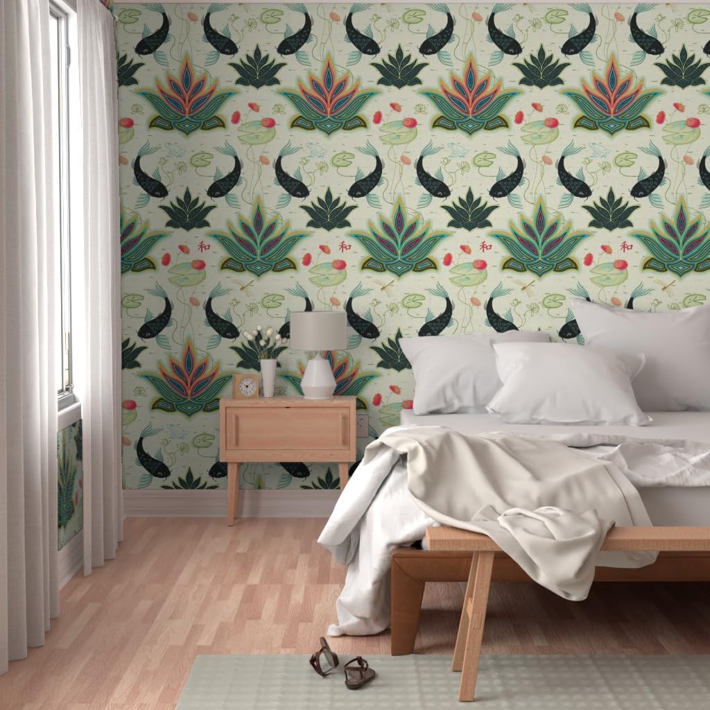 Removable Wallpaper 3ft x 2ft - Black Koi Damask Green Teal Red Turquoise Japanese Custom Pre-Pasted Wallpaper by Spoonflower