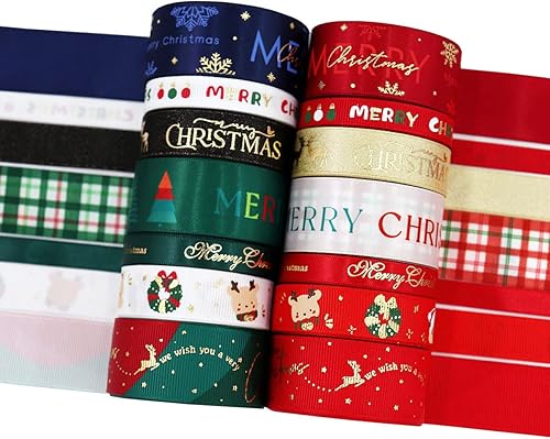 Miniatura 10 de Cinta de satén de Navidad, 7 rollos de cintas de grogrén coloridas, paquete de cintas de Navidad para envolver regalos, manualidades, hacer arcos,