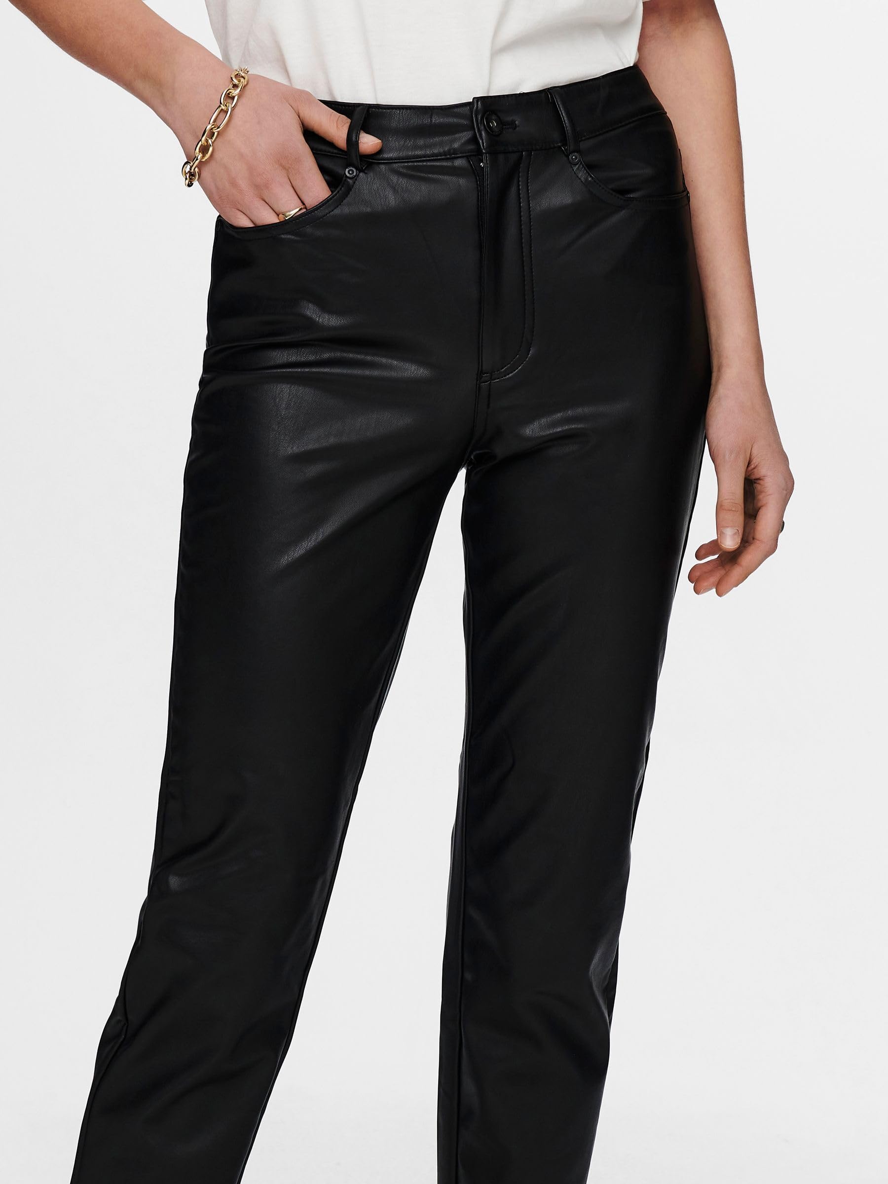 ONLY Onlemily Hw St Ank Faux Cuir PNT Noos Pantalons Femme