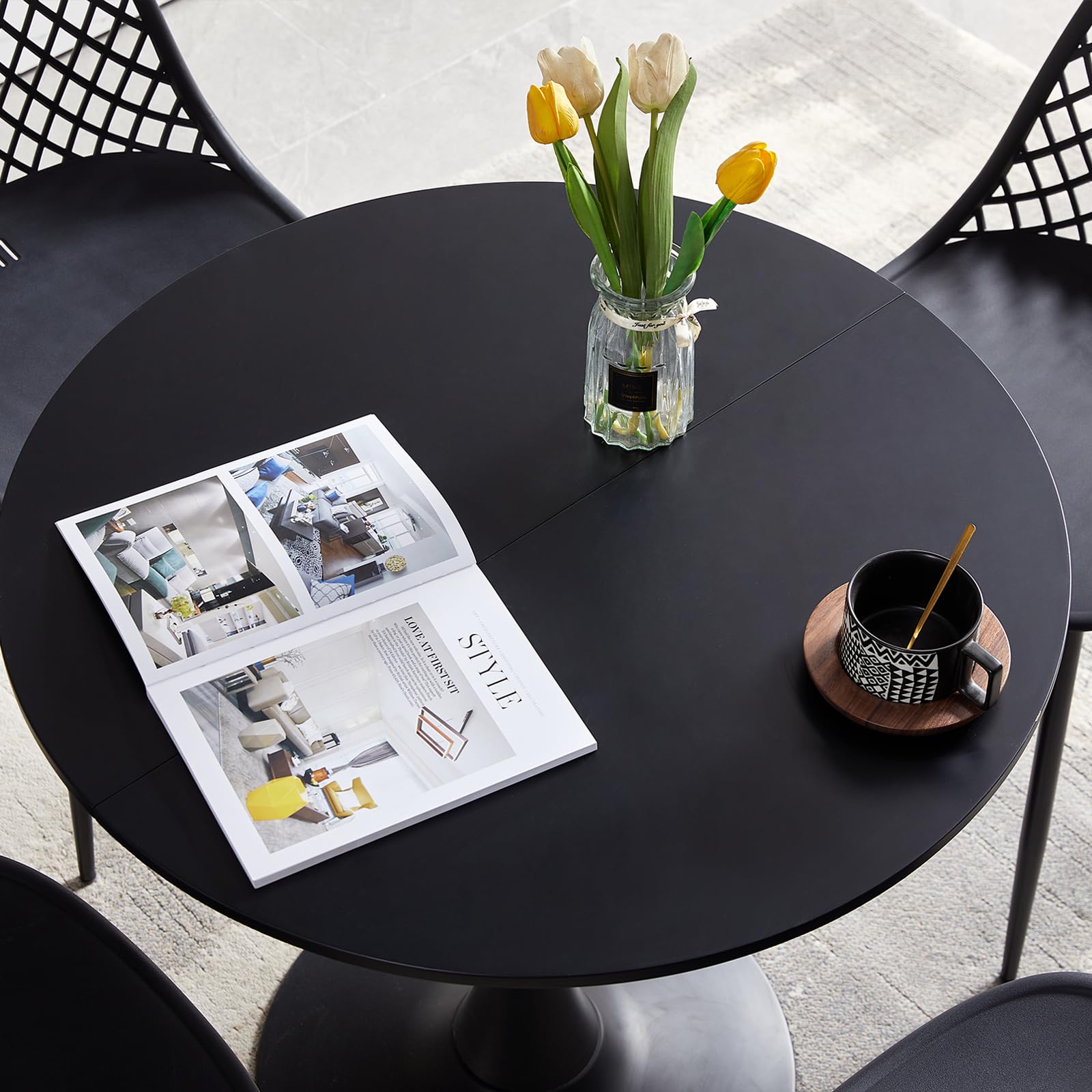 Runder Esstisch mit 4 Stühlen Set, Balkonmöbel Set für Kleinen Balkon, Balkontisch Klein für Garten, Terrasse, Balkon, Schwarzer Tisch (Ø 80 cm) + 4 Schwarze Sessel