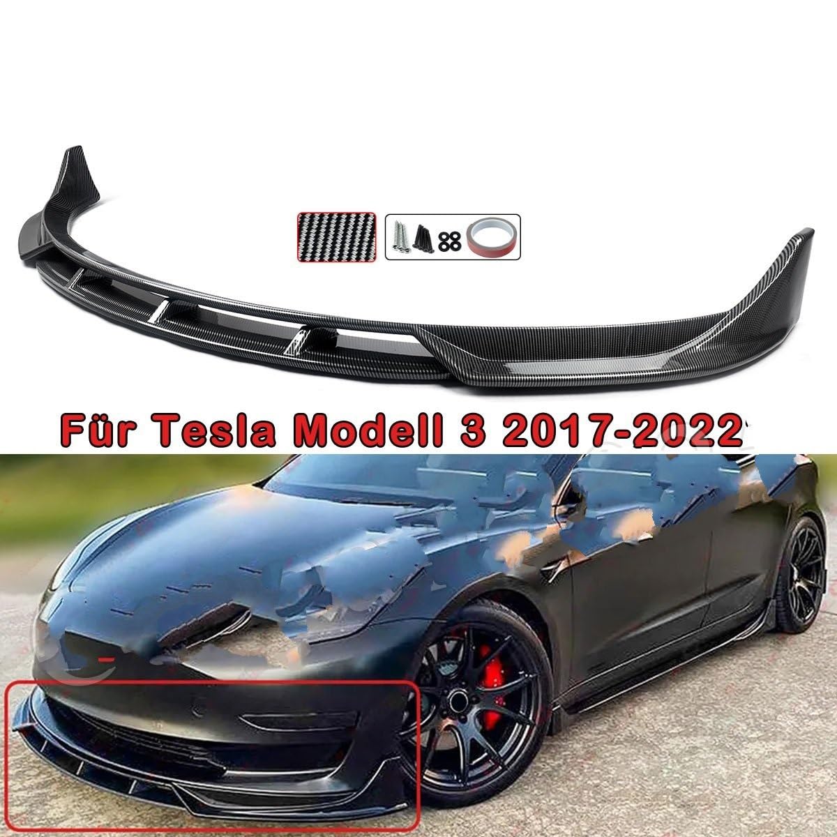 przedniego zderzaka Pasuje Do Tesla Model 3 2017-2023 Dokładka Przedniego Zderzaka Zestaw Nadwozia Plastik ABS Wygląd Włókna Węglowego Rozdzielacz