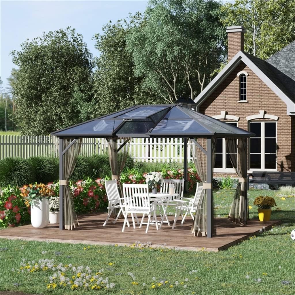 Hardtop Gazebo Aluminum Frame Pergola with Netting and Window,for Courtyard Garden, Iakeside