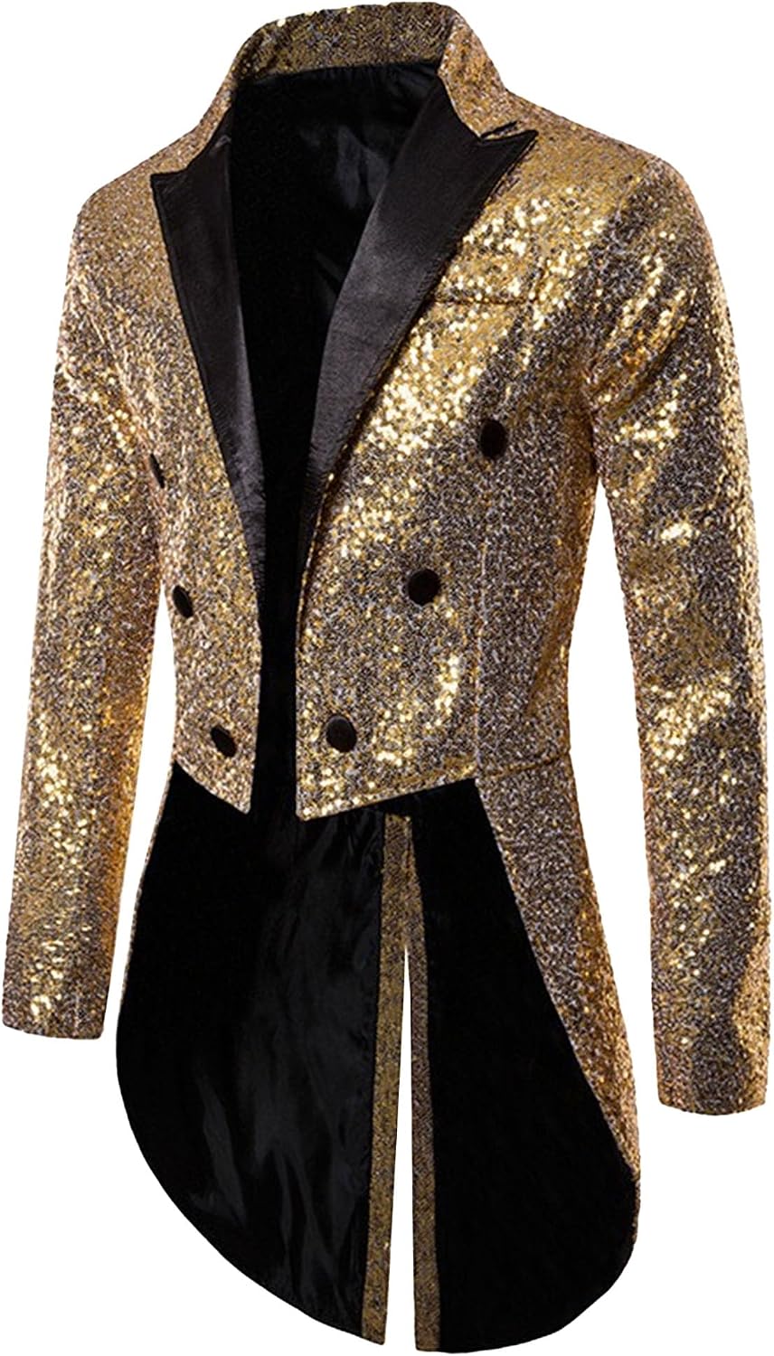 Men Classic Shiny Sequin Blazer Tuxedo 6 Buttons Business Perform Jacket Fall Suit Collar Split Hem Banquet Coat