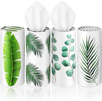4 Pack Car Tissues Round Tube Tissues Box with Facial Tissue Bulk Boho Green Leaf Car Travel Cylinder Holder for Cup Holder Wedding Gifts Home Bathroom Office