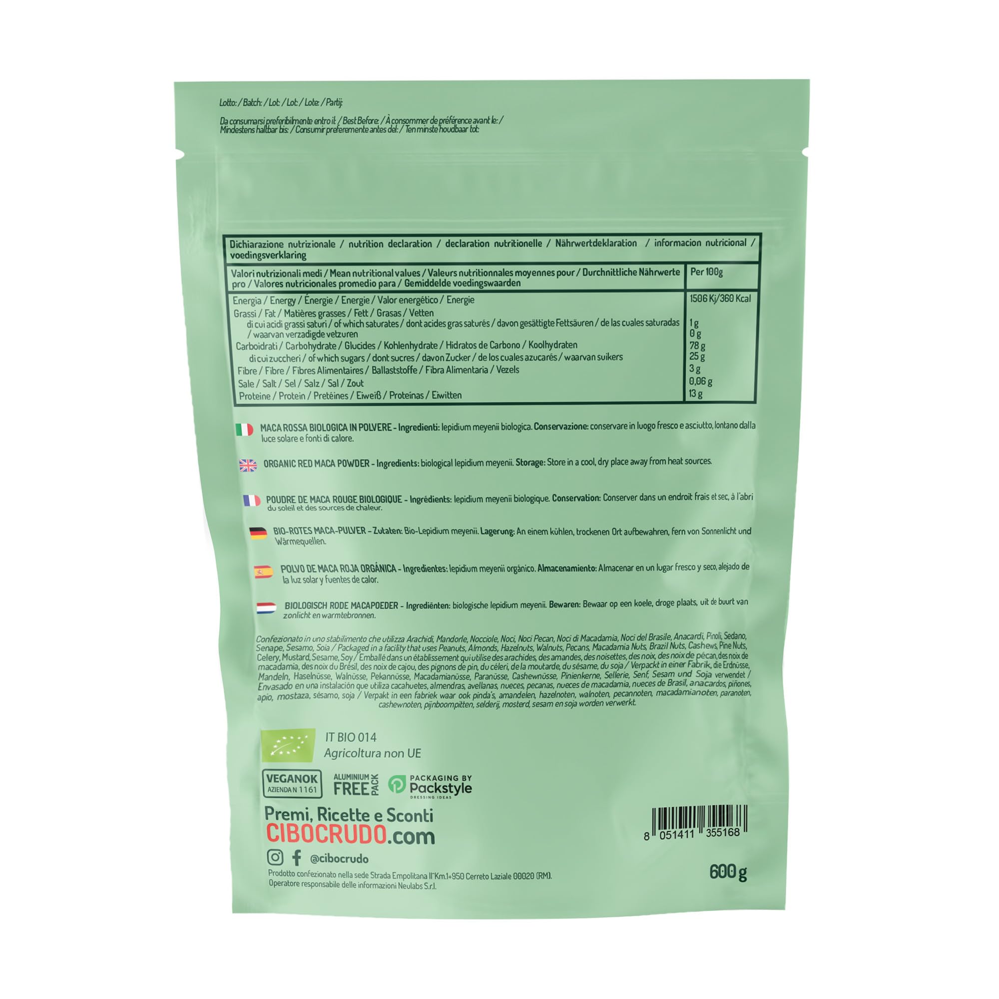 Maca Rossa Peruviana in Polvere Biologica - 600g. Maca Peruviana delle Ande Cruda e Pura Al 100% dalla Radice di Maca Bio. Fonte di Antiossidanti Vitamina C Ferro Calcio Potassio ed Energia.